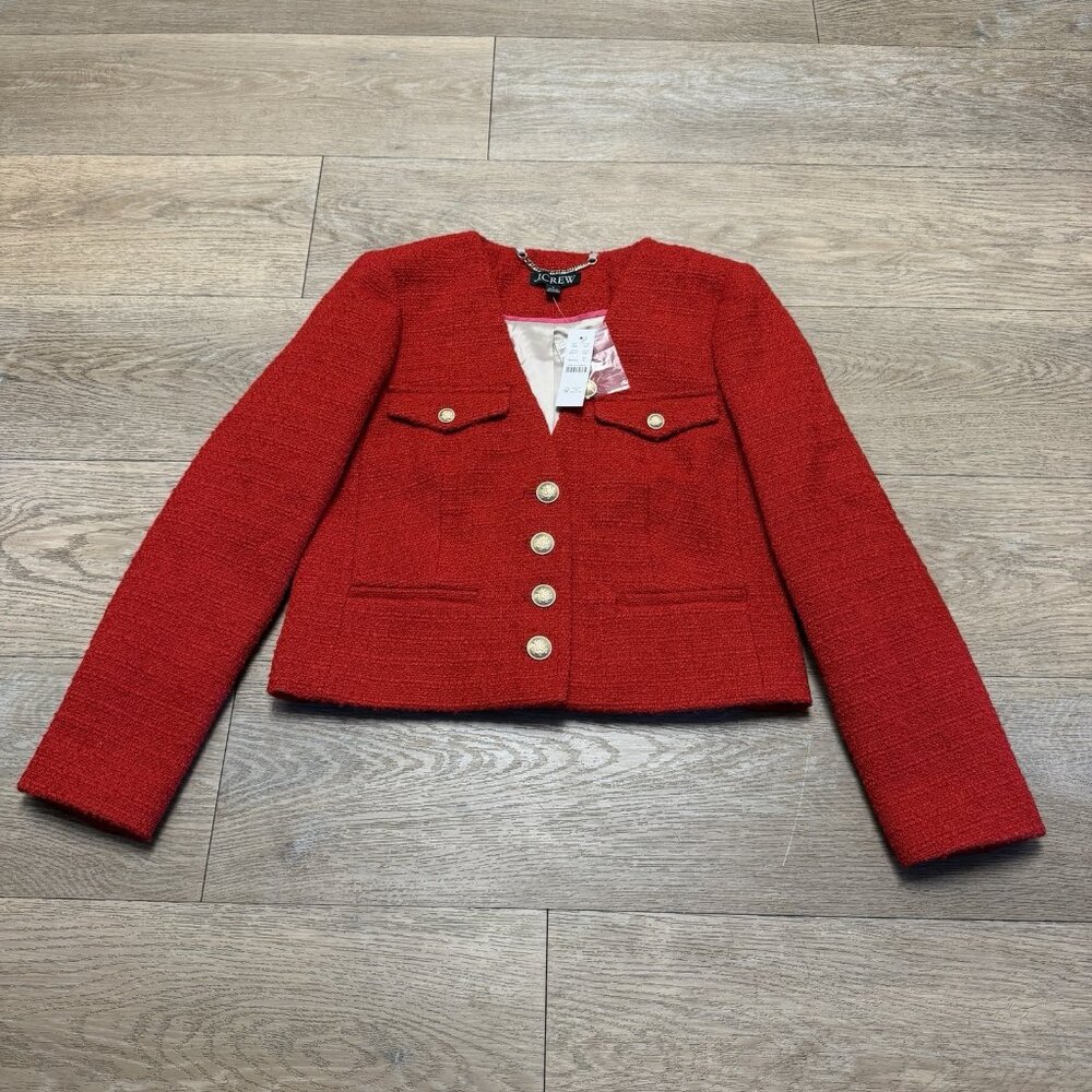 J. Crew V-Neck Lady Jacket in Maritime Tweed Festival Red NWT Size 0 BV211 - Picture 2 of 14